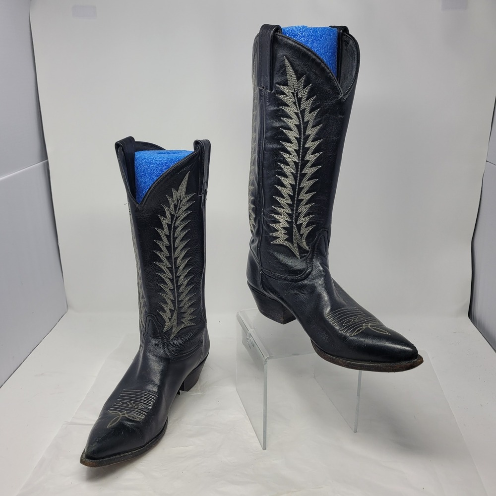 Vtg 70s Tony Lama Black Leather Tall Feather Embordered Western Cowboy Boots 7.5